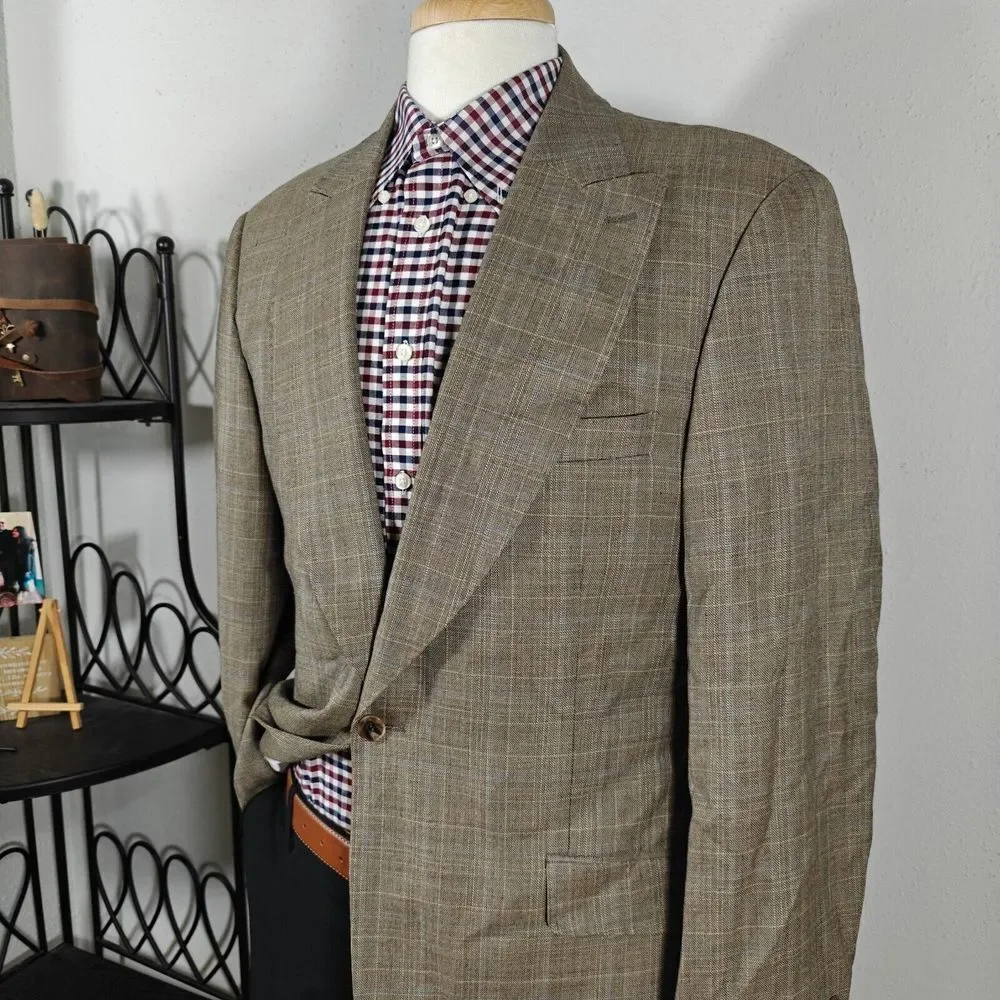 Apollo King Men's Sport Coat Blazer Single Button Brown Plaid 150s Wool Peak 42R